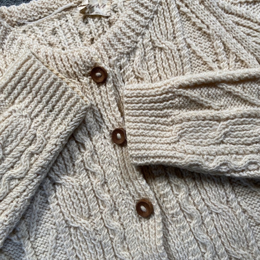 Alana Handknitted Ireland Wool Fisherman Cable Knit Cardigan Cream Womens Large